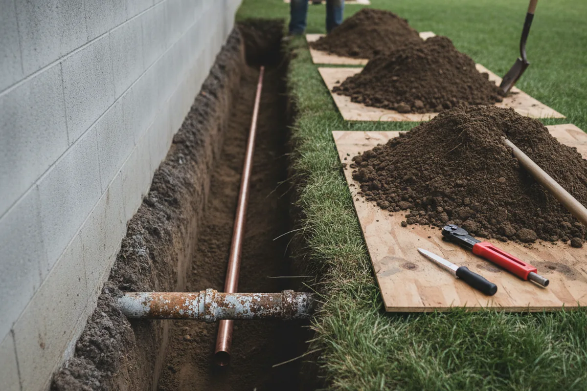 Excavated water line trench during Water Softener Installation in Odessa